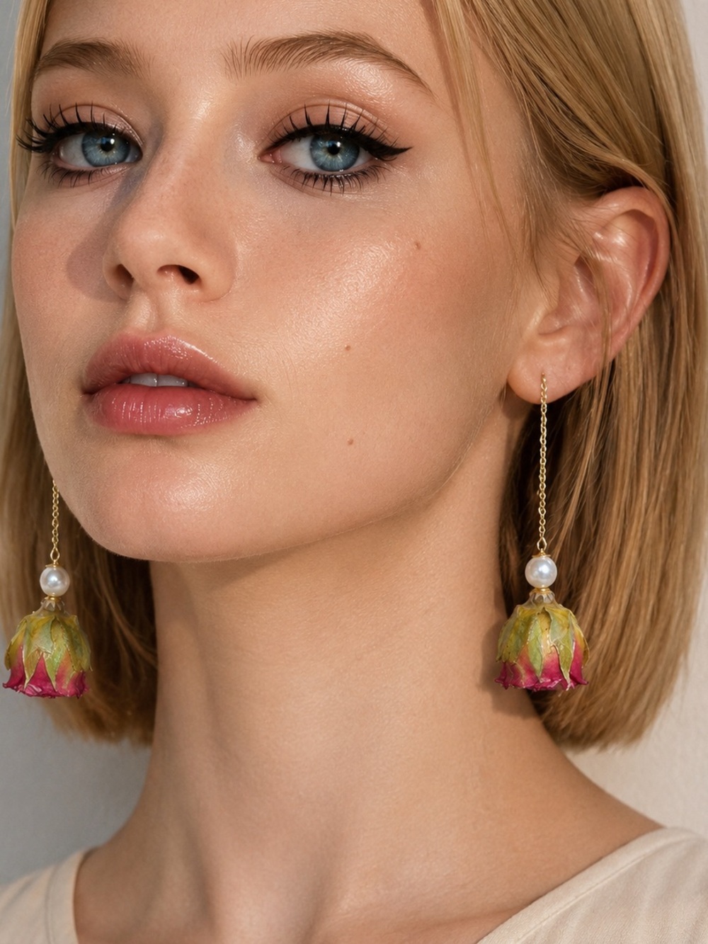 Gold tone Red Rose earrings
